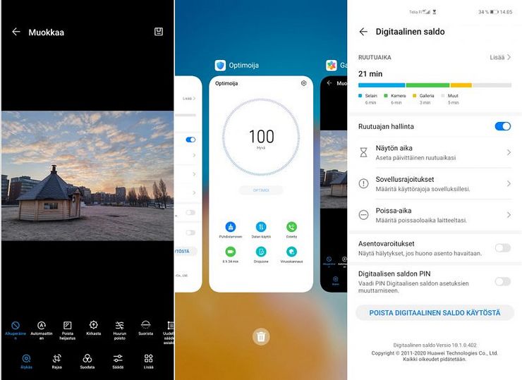 Uusittu valokuvaeditori, moniajonäkymä ja digitaalisen hyvinvoinnin Digitaalinen saldo -näkymä.