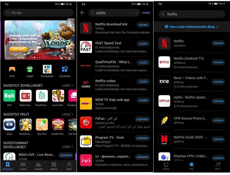 AppGallery korvaa Google Playn. Oikealla Petal-hakusovellus.