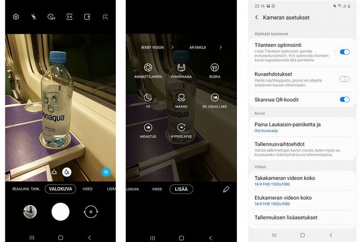 Kameran käyttöliittymä on muista Galaxy-malleista tuttu. Kuvaustiloja ja lisäasetuksia on monipuolisesti.