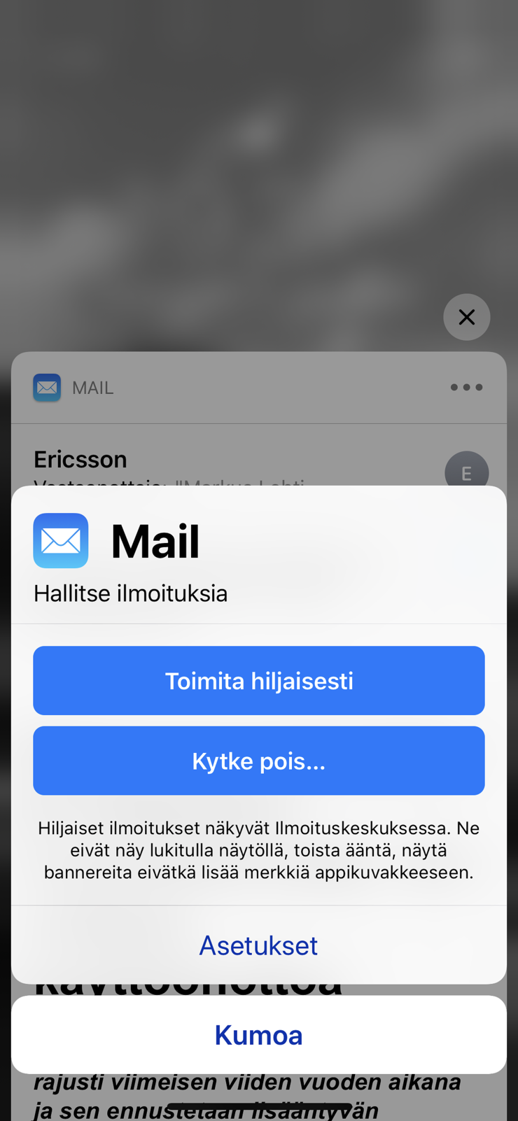 iOS 12:ssa suoraan ilmoituksista pääsee muuttamaan sovelluksen ilmoitusasetuksia.