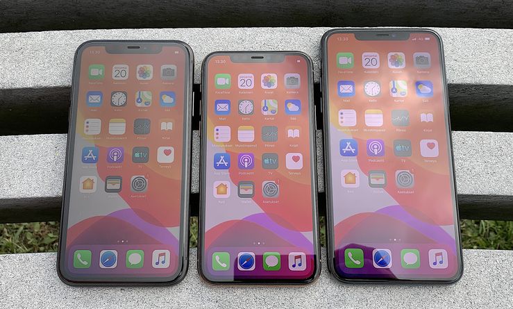 6,1 tuuman iPhone 11, 5,8 tuuman iPhone 11 Pro ja 6,5 tuuman iPhone 11 Pro Max.