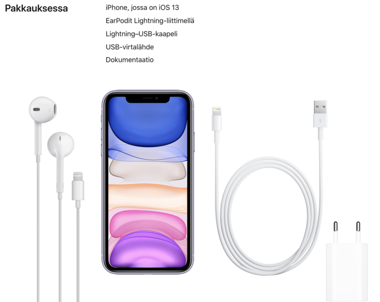 iPhone 11:n pakkauksen osalta on tyytyminen yhä vanhaan tuttuun 5 watin laturiin ja USB-A-Lightning-kaapeliin.