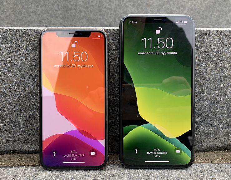 iPhone 11 Pro ja iPhone 11 Pro Max. Etupuolella ei ole eroja aiemmista malleista.