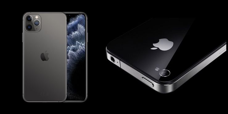 Nykyinen iPhone 11 Pro ja aiempi iPhone 4.