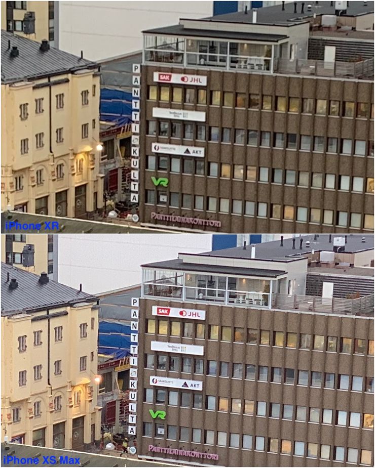 Kuvat on otettu iPhone XS Maxilla 2x zoomilla ja iPhone XR:llä noin 2x zoomilla (zoom ainoastaan liukusäätimellä, ei 2x-tilaa valitsimella), jonka jälkeen kuvista on rajattu vielä lähempään tarkasteluun valittu alue.