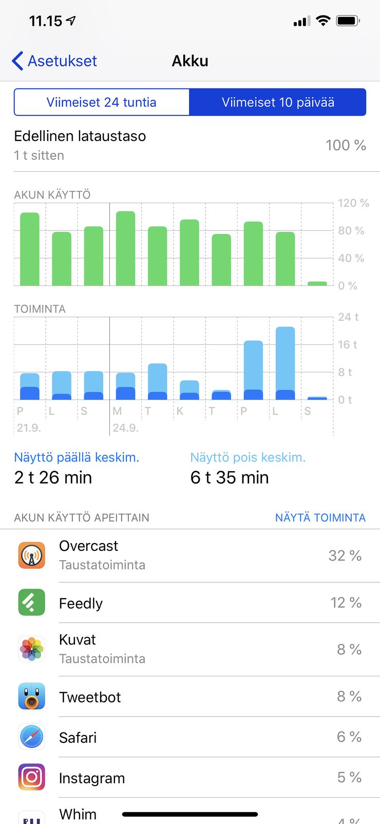 Akkutiedot iPhone XS Maxista.