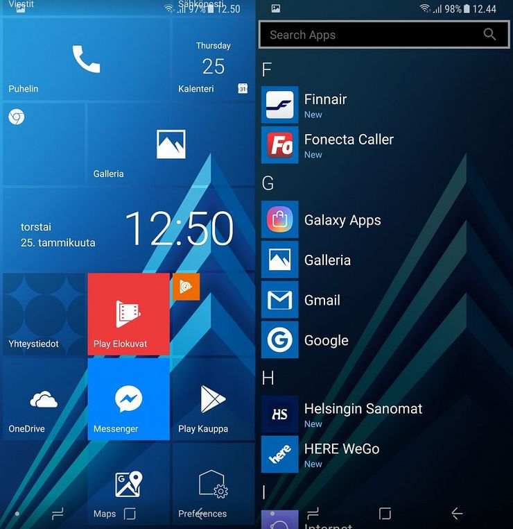 Tapahtumaruudut toimivat ja omia widgettejä voi alkunäkymään lisätä. Tässä esimerkkinä Samsungin puhelimien kellowidget tuotu Windows 10 -tyyliseksi.