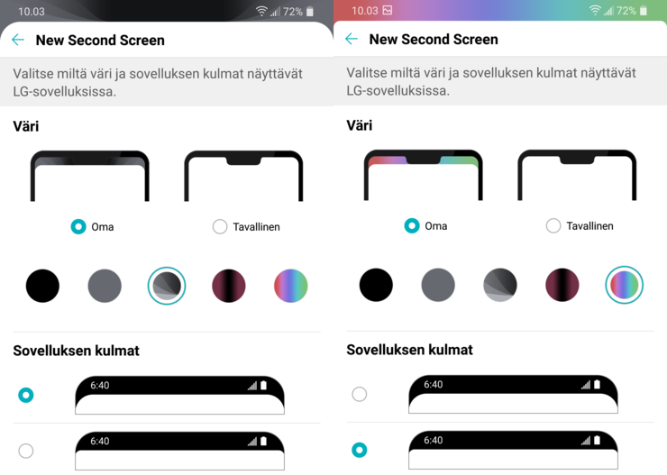 Ylälaidan kulmien kaarevuuden jyrkkyyttä ja ylälaidan värimaailmaa voi esimerkiksi muuttaa.