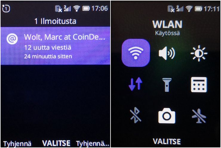 Nokia 8110 4G:n KaiOS-käyttöjärjestelmä sisältää myös ilmoitus- ja pikavalintanäkymät. Niihin pääsee ainoastaan kotinäkymästä.
