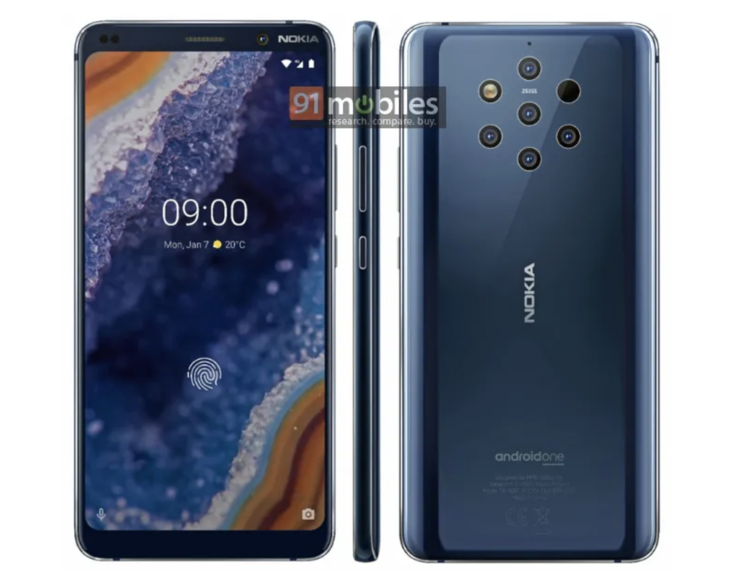 Etupuolella Nokia 9 PureView’ssä on loveton näyttö. Reunukset ovat nykymittapuulla melko suuret. Kuva: 91mobiles.
