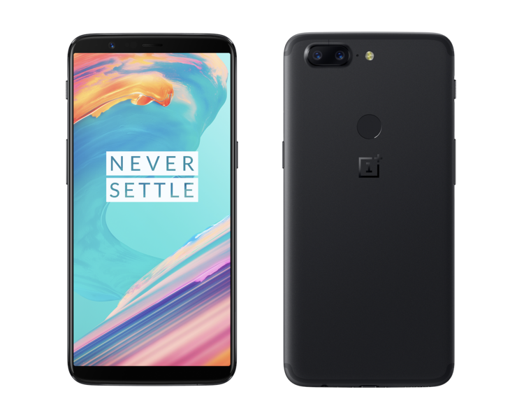 OnePlus 5T edestä ja takaa. Sormenjälkilukija on siirtynyt puhelimen taakse.