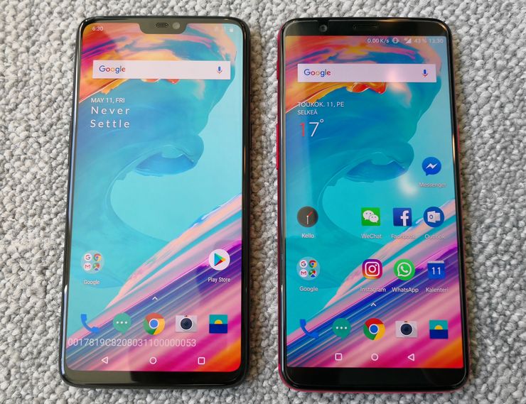 Käytännössä samankokoiseen puhelimeen on saatu jälleen paljon suurempi näyttö. OnePlus 6:n rinnalla verrokkina edeltäjä OnePlus 5T.