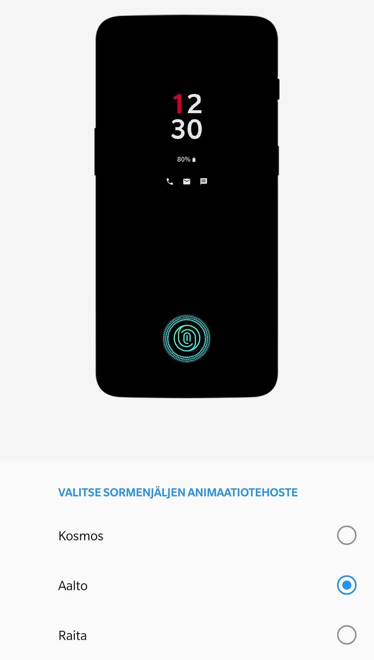 OnePlus 6T:n sormenjälkitunnistuksen animaatiotehosteen voi valita kolmesta vaihtoehdosta.