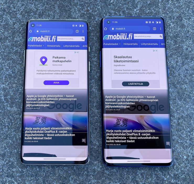 OnePlus 8 ja 6,55 tuuman näyttö vs. OnePlus 8 Pro ja 6,78 tuuman näyttö.