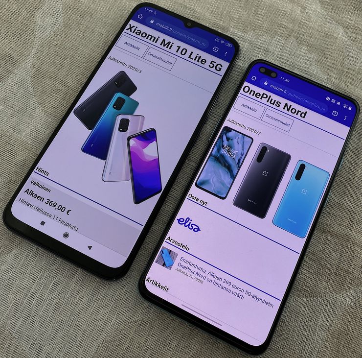 OnePlus Nordin tärkein haastaja on Xiaomi Mi 10 Lite 5G, jossa on myös AMOLED-näyttö (hieman suurempi 6,57-tuumainen).