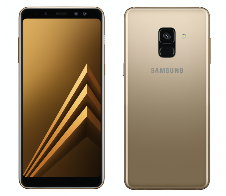 Samsung Galaxy A8 (2018) edestä ja takaa. Muita värivaihtoehtoja ovat musta ja orkideanharmaa.