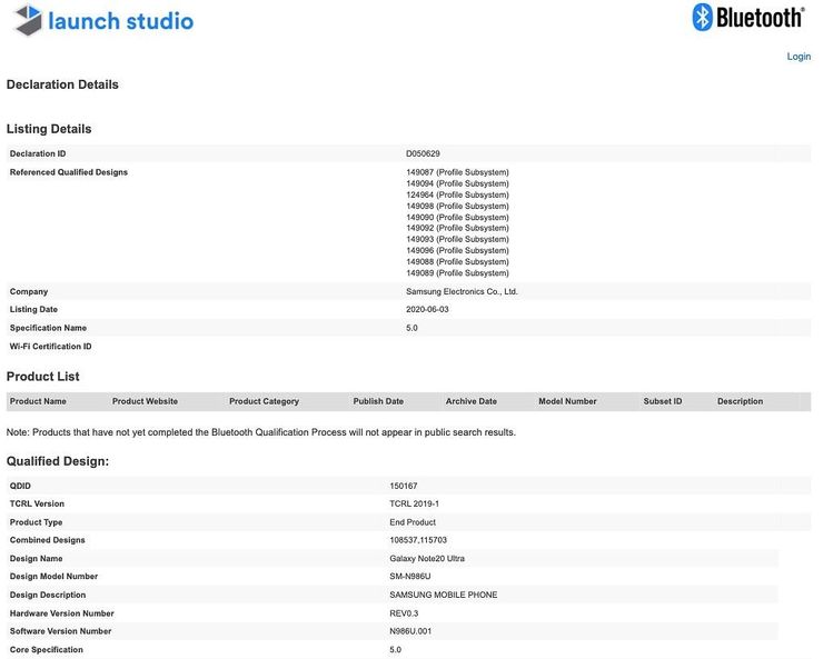 Samsung Galaxy Note20 Ultra Bluetooth-laitetietokannassa.