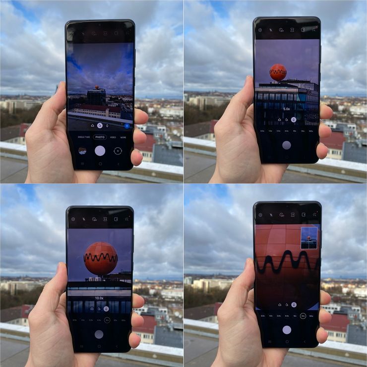 Esimerkki zoomista Galaxy S20 Ultralla. Kuvassa näkyvissä zoom-tasot 1x, 5x, 10x ja 30x.