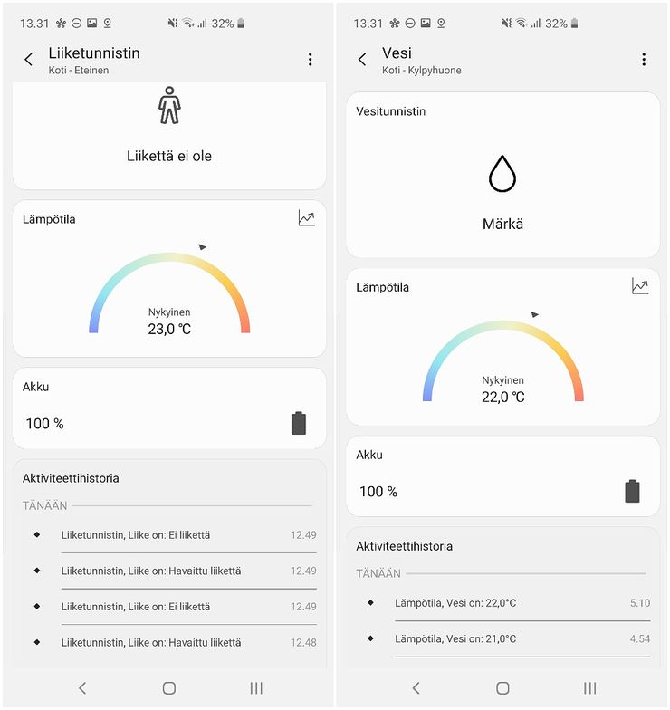 Liiketunnistimen ja vesivuototunnistimen tiedot SmartThings-sovelluksessa.