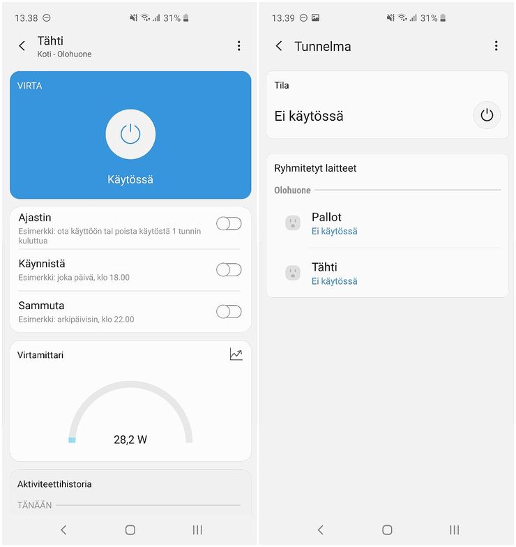 SmartThings-pistokkeen, johon on asennettu tähden muotoinen valaisin, tiedot sekä kahdesta pistokkeesta luotu valaistusryhmä.