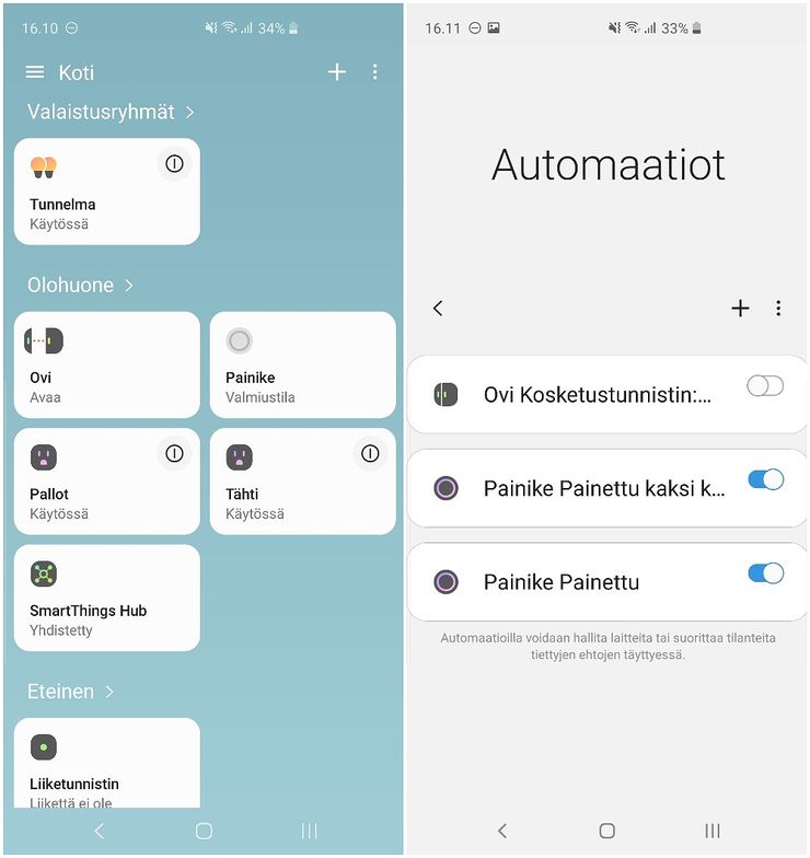 SmartThings-sovelluksen päänäkymä ja automaatioiden näkymä.