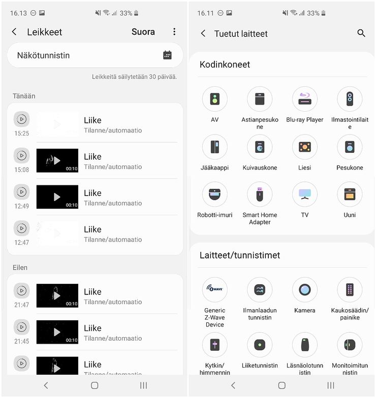 SmartThings Vision -kameran tallentamat leikkeet listataan SmartThings-sovelluksessa. Oikeanpuoleisessa kuvassa erilaisten tuettujen laitteiden valikoimaa.