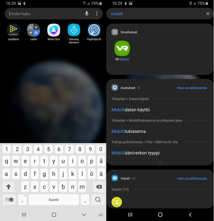 Samsungin sovellusvalikosta löytyvä hakukonekin sai ulkonäkömuutoksia.