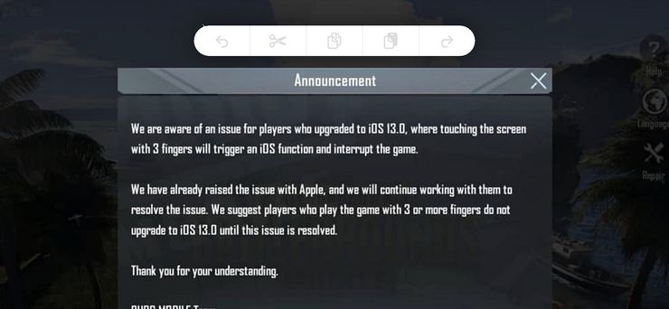 Näin esimerkiksi PUBG Mobile varoittaaa pelaajia bugista.