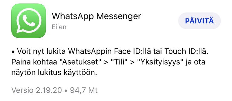 WhatsAppin voi nyt lukita Touch ID -sormenjälki- tai Face ID -kasvojentunnistuksella.
