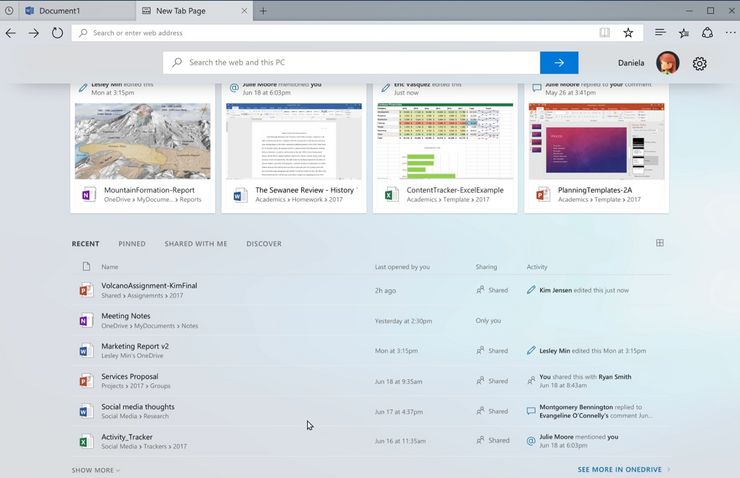 Päivityksen mukana julkaistava Windows Sets. Taustalla Word-välilehti ja kuvassa esillä uusi välilehti ehdotuksilla avattavista tiedostoista ja muista kohteista.