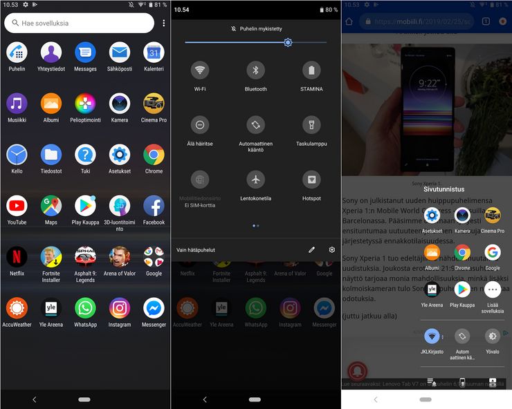 Kuvakaappauksia sulavasta Xperia UI -käyttöliittymästä.