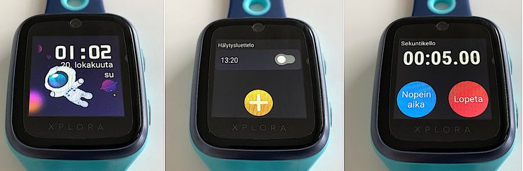 Xplora 4:n kellotaulu sekä Hälytys- ja Sekuntikello-sovellukset.