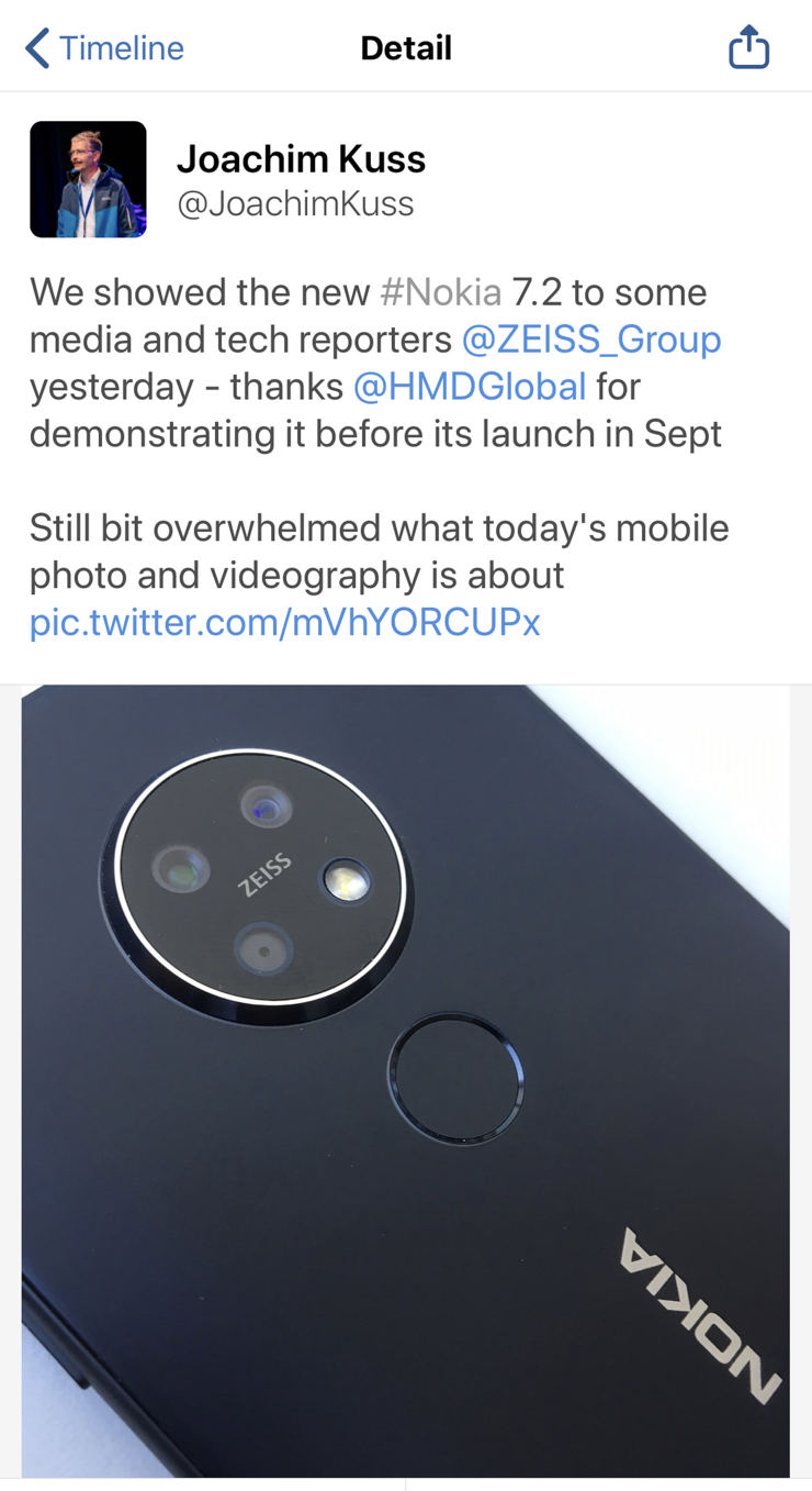 Joachim Kussin sittemmin jo poistettu twiitti sisälsi kuvan Nokia 7.2 -puhelimesta.