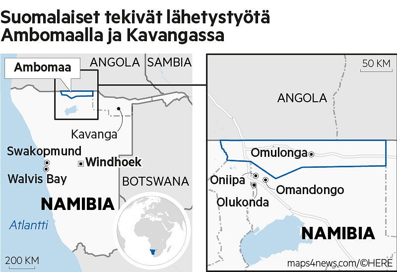 Suomalaiset rantautuivat Lounais-Afrikan rannikolle Walvis Bayhin vuonna 1869. Pohjois-Namibiaan Ambomaalle lähetystyöntekijät saapuivat heinäkuussa 1870.