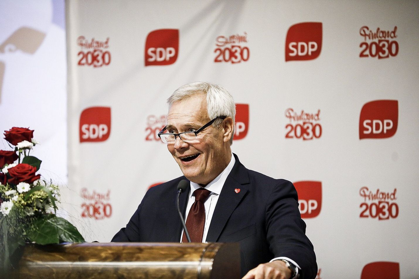 Pääministeri Antti Rinne puhui SDP:n puoluevaltuustossa Porissa lauantaina.