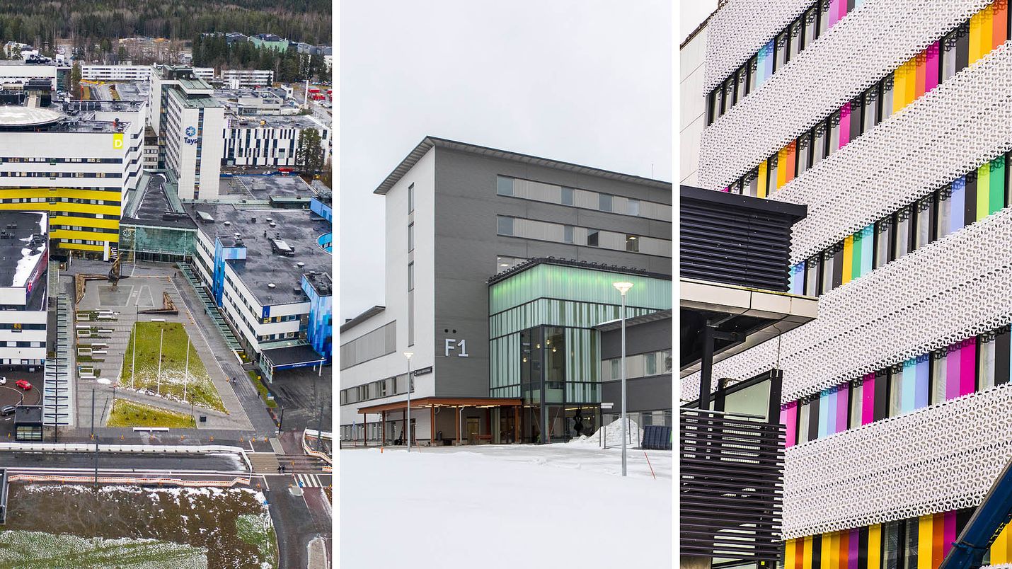 Vasemmalla on Tampereen yliopistollisen sairaalan aluetta. Tampereella avattiin keskiviikkona uusi synnytysyksikkö. Keskellä Kainuun uusi keskussairaala, joka otetaan käyttöön ensi viikolla. Oikealla on Turun yliopistollisen sairaalan rakenteilla oleva uudisrakennus, työnimeltään T3-sairaala.