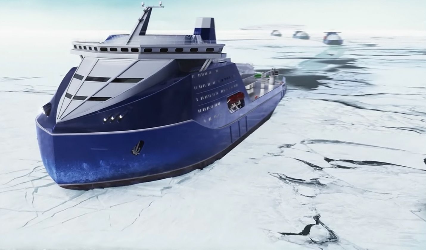 Lider-jäänmurtajan luvataan avaavan 50-metristä väylää yli nelimetriseen arktiseen jäähän. Alus on suurempi kuin esimerkiksi Viking Grace. Havainnekuvissakin alus näyttää nyt selvästi aiempaa vähemmän tieteiselokuvalta. Kuvakaappaus Rosatomin esittelyvideosta.