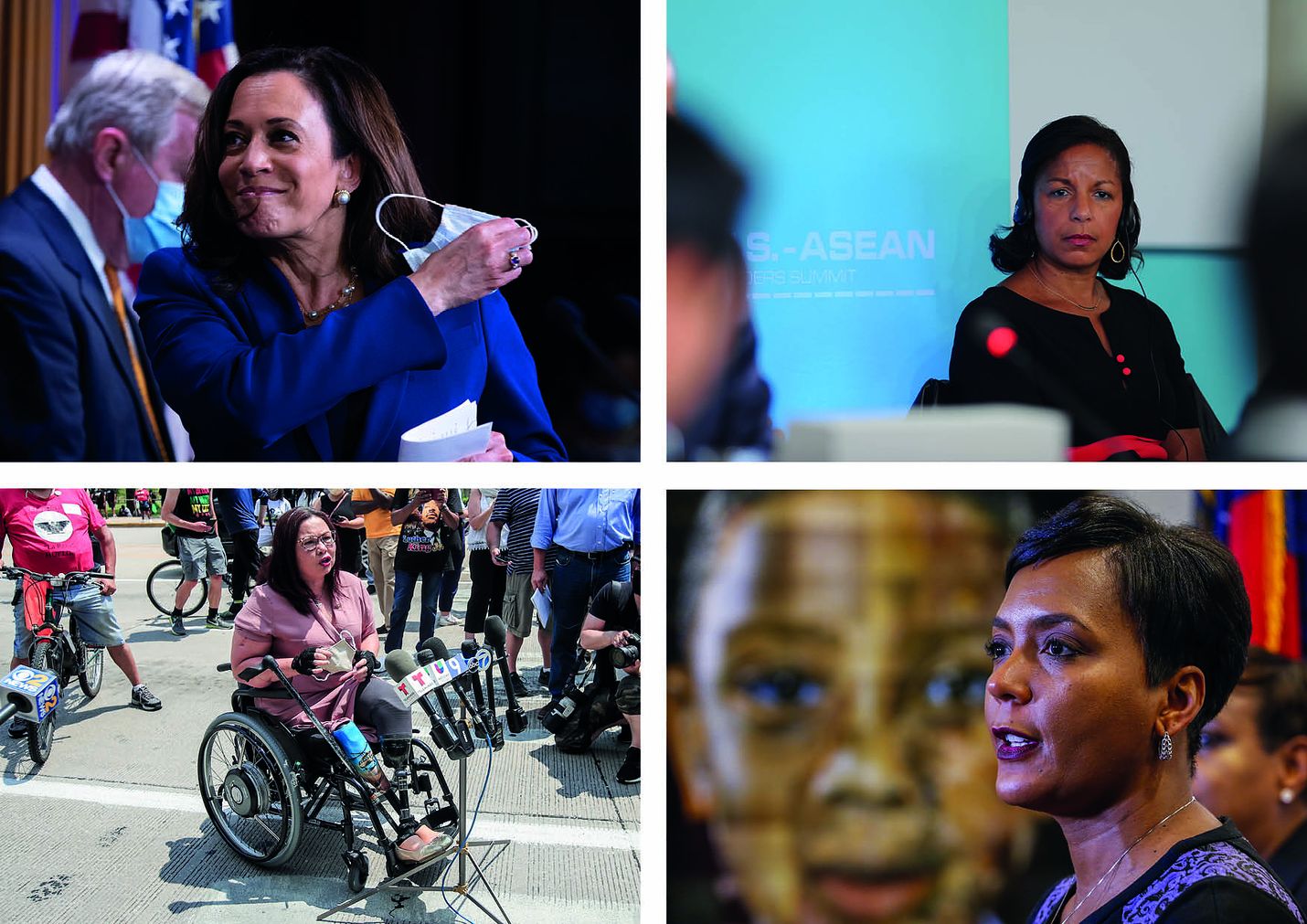 Kamala Harris (vas. ylä), Susan Rice (oik. ylä), Tammy Duckworth (vas. ala) ja Leisha Lance Bottoms (oik. ala) saattavat olla demokraattien presidenttiehdokkaan Joe Bidenin valinta varapresidentiksi.