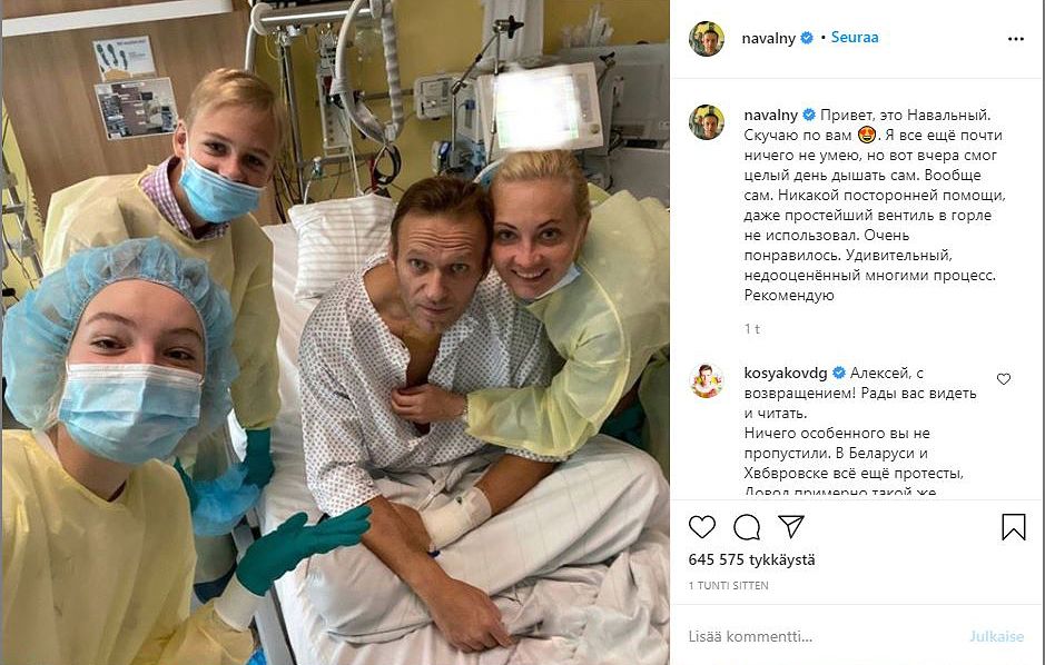 Oppositiojohtaja Aleksei Navalnyi kommentoi tilaansa ensi kertaa tiistaina Instagramissa.
