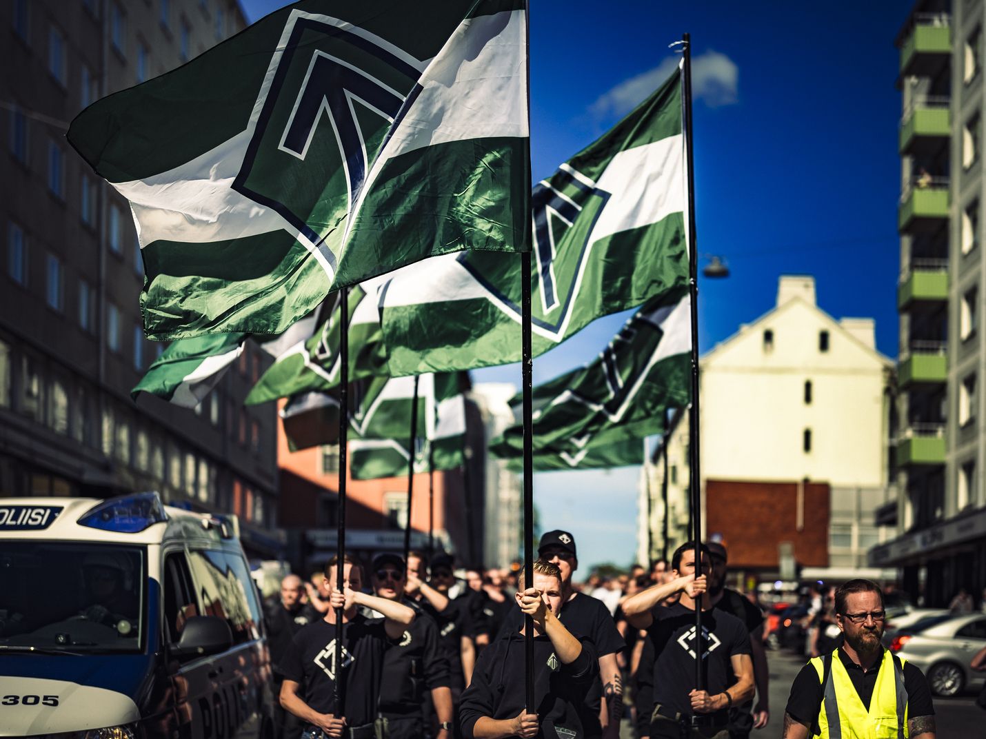 Pohjoismaisen vastarintaliikkeen mielenosoitus terrori-iskun vuosipäivänä Turussa vuonna 2018.