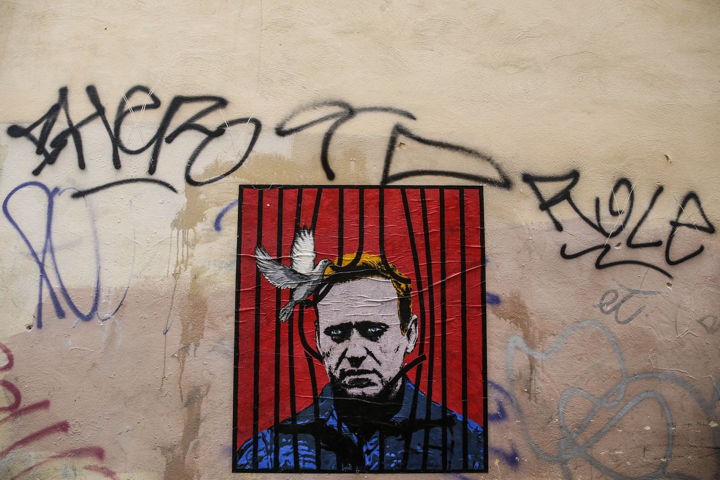Aleksei Navalnyi ei pelkää kuolemaa. Hänestä on tullut sankari mytologiaan taipuvaisella Venäjällä ja sen ulkopuolella. Roomassa katumaalauksessa kyyhkynen vapauttaa vangin.