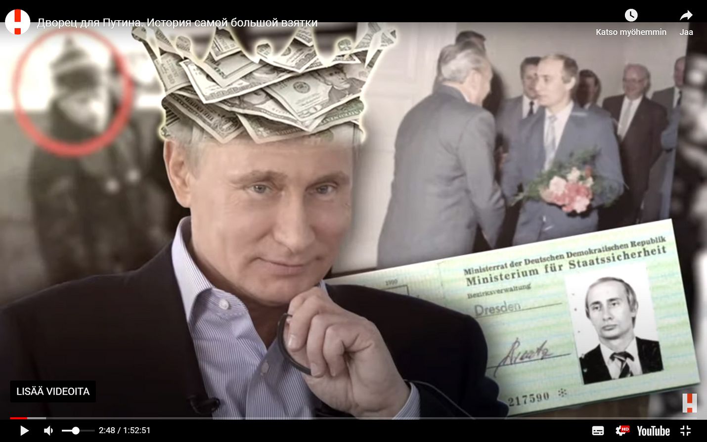 Oppositiojohtaja Aleksei Navalnyin julkaisemalla videolla Putinista esitellään tämän ökypalatsia. Kuvakaappaus Youtube-videosta.