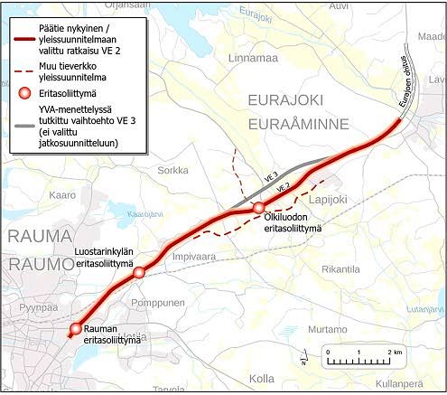 Rauman ja Eurajoen välisen valtatie 8:n leventämisessä edetään vaihtoehdon VE 2 mukaan.