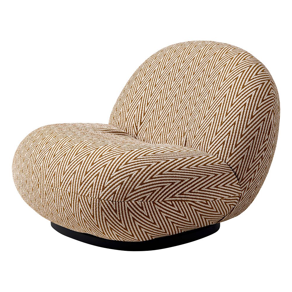 A product image of GUBI's Pacha Outdoor lounge chair upholstered in a Dedar Chevron fabric.