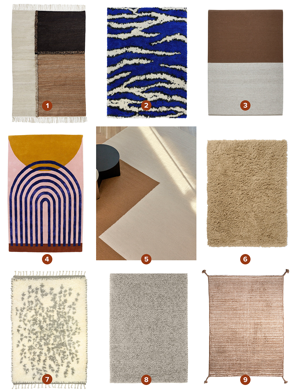 A collage image of thick rugs from Finnish Design Shop's range: wool rugs, shaggy rugs, patterned rugs, fringed rugs etc.