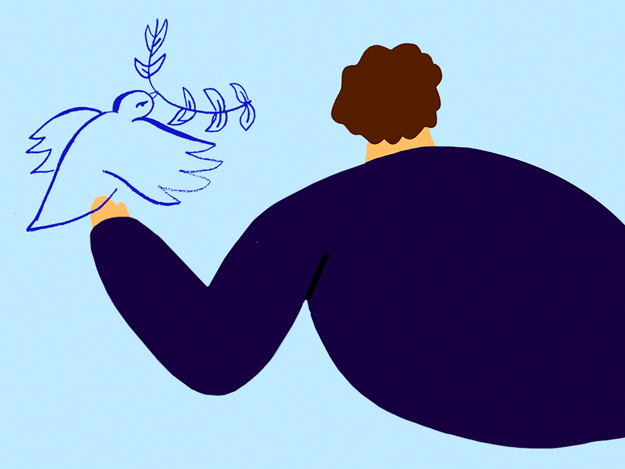 Kuvituskuva, jossa tummansiniseen pukeutuneen hahmon kädelle on laskeutunut rauhankyyhky.