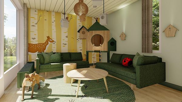 So soll das Wohnzimmer des neuen Waldtiere-Ferienhauses aussehen.