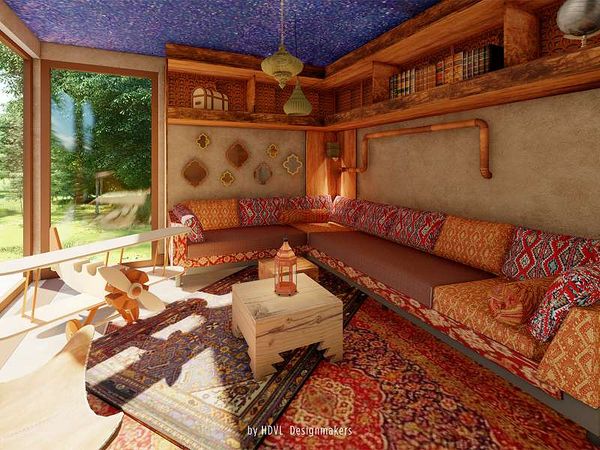 So wird der Wohnbereich des neuen Abenteuer-Ferienhauses in Het Heijderbos aussehen.