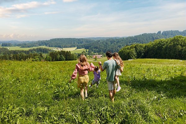 Une famille de quatre personnes marche dans une prairie verdoyante en été. Les parents tiennent leurs enfants par la main, tournés de dos, en direction d’un paysage vallonné avec des forêts et des champs à l’horizon sous un ciel bleu légèrement nuageux.