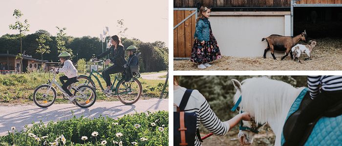 Une balade à vélo, une petite ville à la Ferme et une petit fille sur un cheval